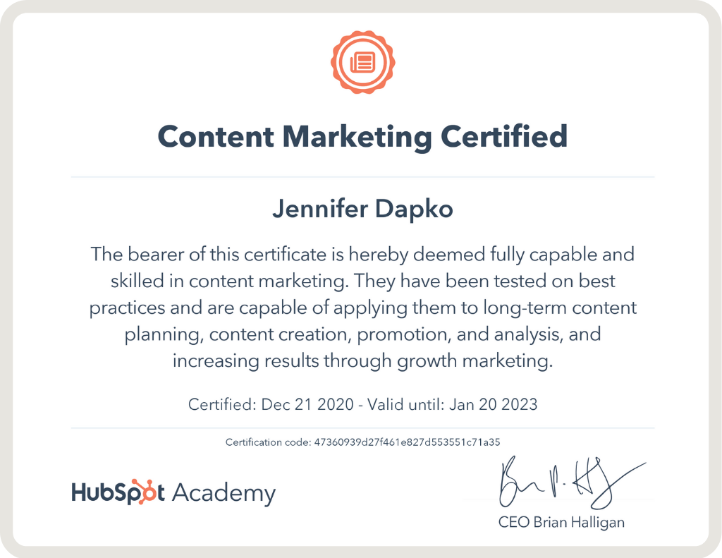 HubSpot Content Marketing Certification