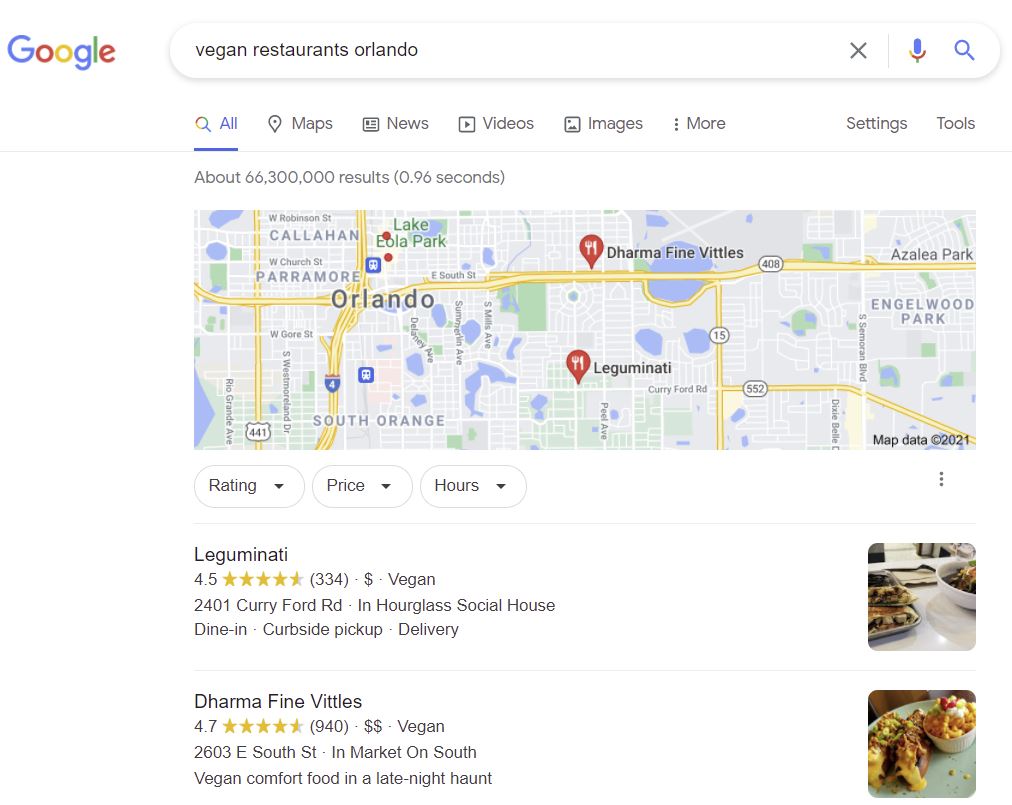 Example of what a Google  My Business search results page looks like (vegan restaurant in Orlando)